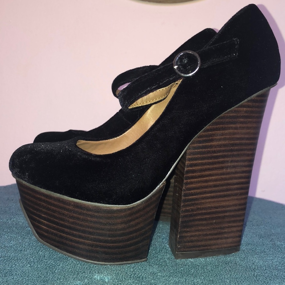 Black velvet Shelley’s London 5.5” platform heels